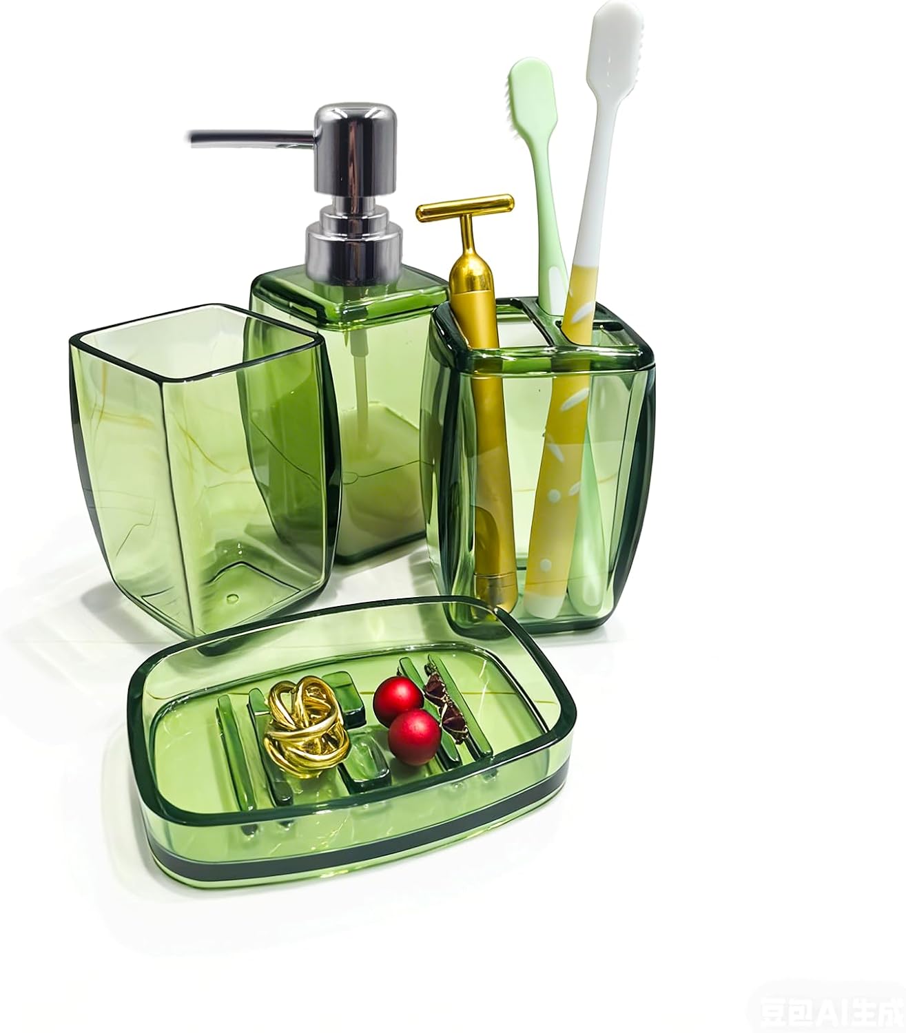 4-Piece Fresh Green Acrylic Bathroom Accessories Set — Soap Dispenser, Toothbrush Holder, Soap Dish & Mouthwash Cup, Vanity Countertop Organizer for Botanical Green Bathroom Decor