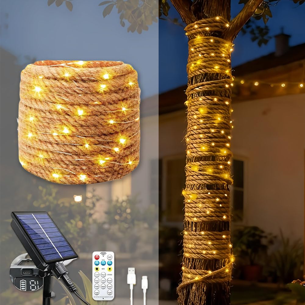 Treer Outdoor Garden Solar String Lights 6mm Hemp Rope USB & Solar Powered Copper Wire Fairy Lights with Remote, 8 Modes Lighting for Pergola, Patio, Swing, Tree, Wedding (Warm White,9.5M 100LED)