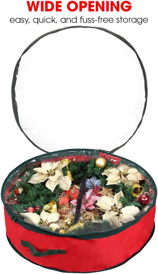 Primode Christmas Wreath Storage Bag 36" | Garland Wreaths Container with Clear Window for Easy Holiday Storage | Durable 600D Oxford Material (Red)