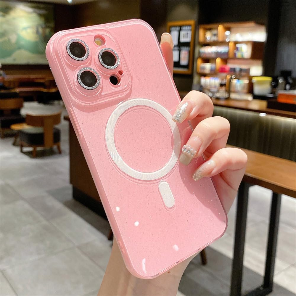 Coque de charge magnétique rose à paillettes néon pour iPhone 14 Pro Max - 4