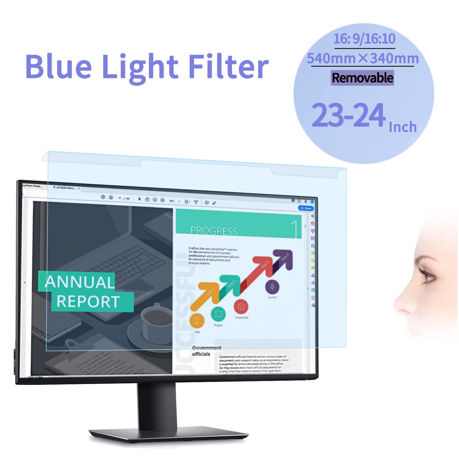 23-24 Pollici Hanging Filtro Anti Luce Blu, Protezione per Gli Occhi, Premium Anti Luce Blu Filtro a Schermo, Blocca Luce Blu & UV, Filtro per Diagonale 23-24 Pollici Monitor 16:9/16:10--Rimovibile