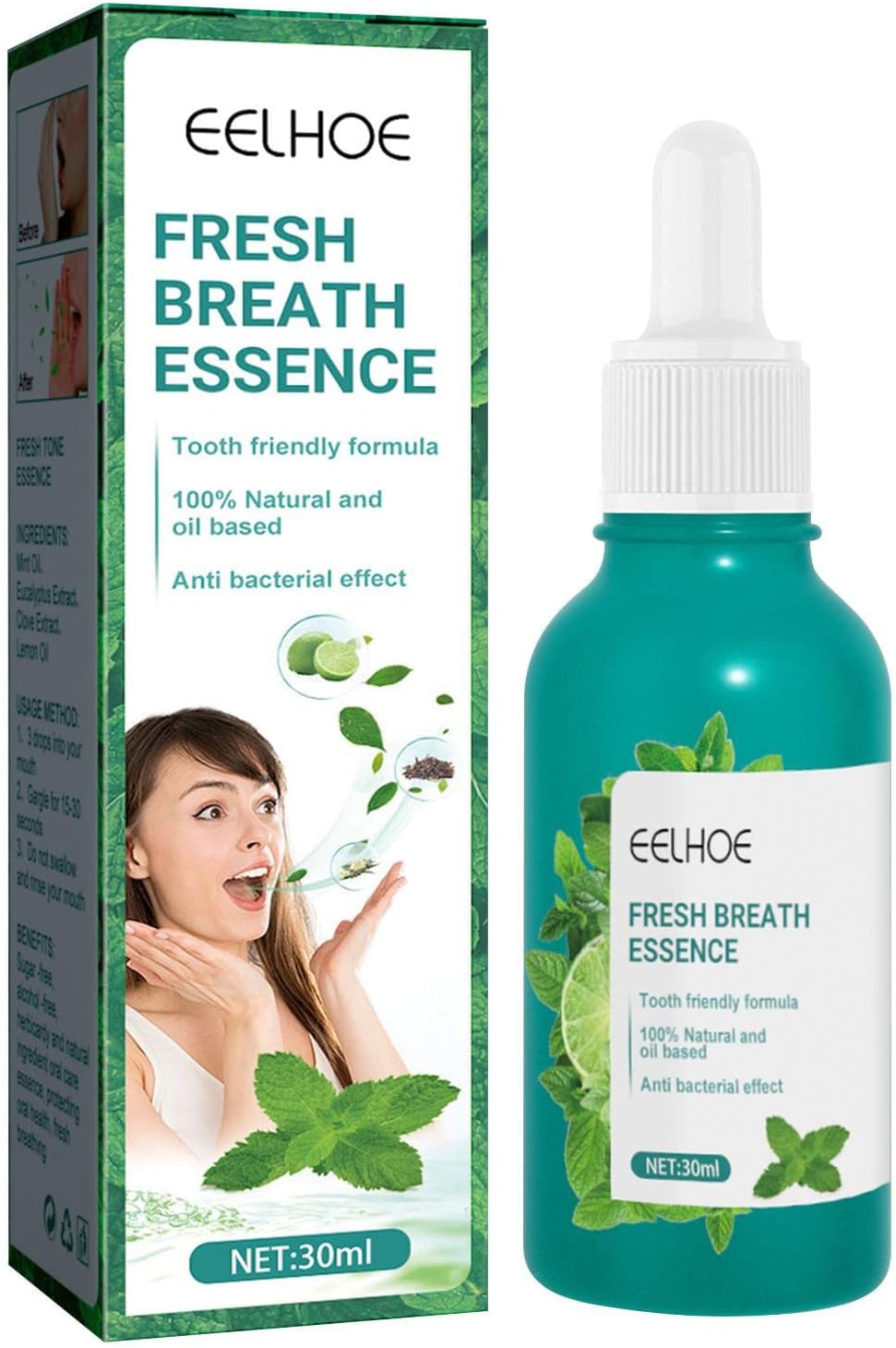 Fresh Breath Essence, 30ml Breath Freshening Spray Eliminating Bad Mouth Smell Removing Drops, Portable Cool Peppermint Oral Care Mouth Fres'hener for Travel, Humans, Bad Breath Treatment