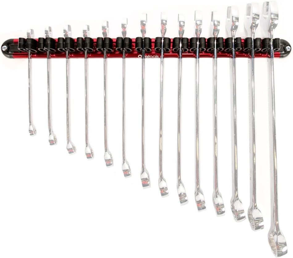 Olsa Tools Wall-Mounted Wrench Rack - Red Anodized Aluminum Rail with Black Clips - Stores 14 SAE or Metric Wrenches Securely - Professional Organizer - Part: 1028
