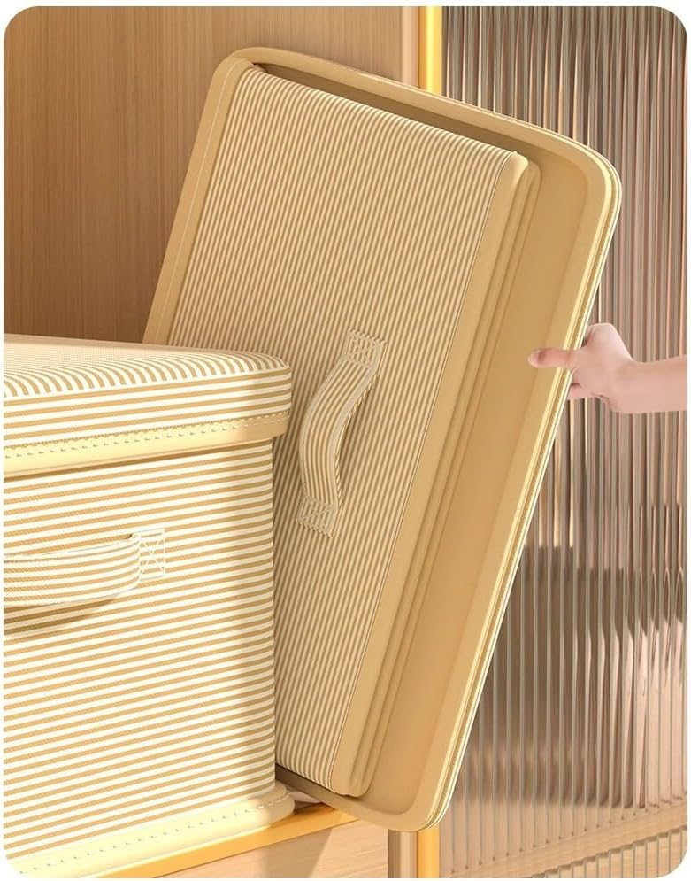 Storage Bins with Lids - Fabric Closet Organizers and Storage Box for Clothes, Toys & Shelves - Foldable Japanese Style Basket, Stackable & Dustproof (No Assembly Required)(M-Beige Striped-5pcs)