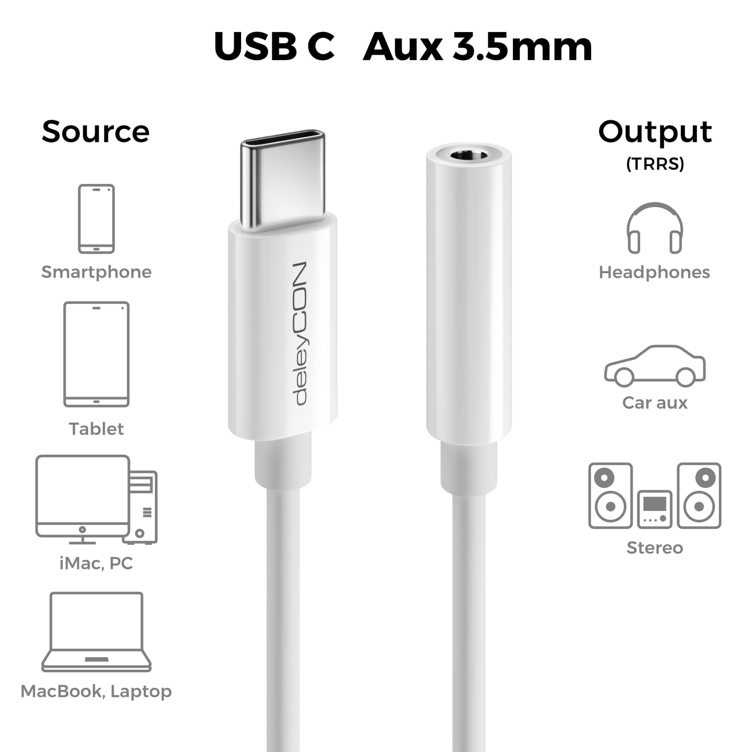 deleyCON USB-C a 3,5mm Audio Adattatore - DAC-Chip & TRRS - USB Tipo-C Connettore a Presa Jack - Compatibile con Smartphone, Tablet, Cuffie, Altoparlanti - Bianco