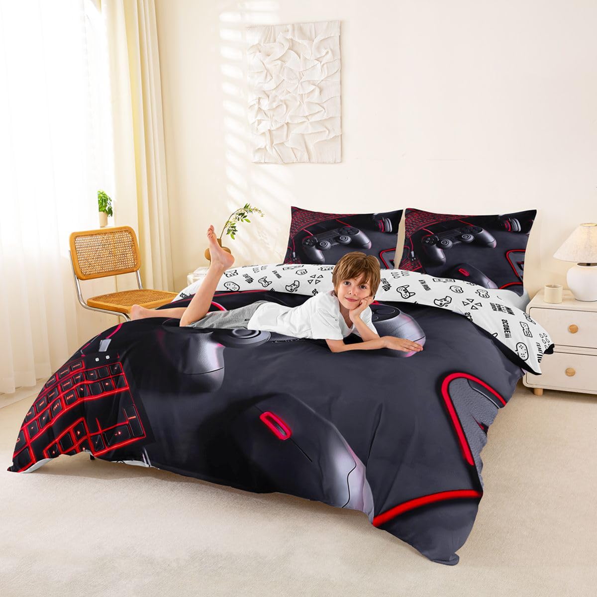 Homemissing Set copripiumino per bambini e bambine, motivo videogiochi, traspirante, morbido, decorazione per la stanza dei giochi, 3 pezzi, rosso