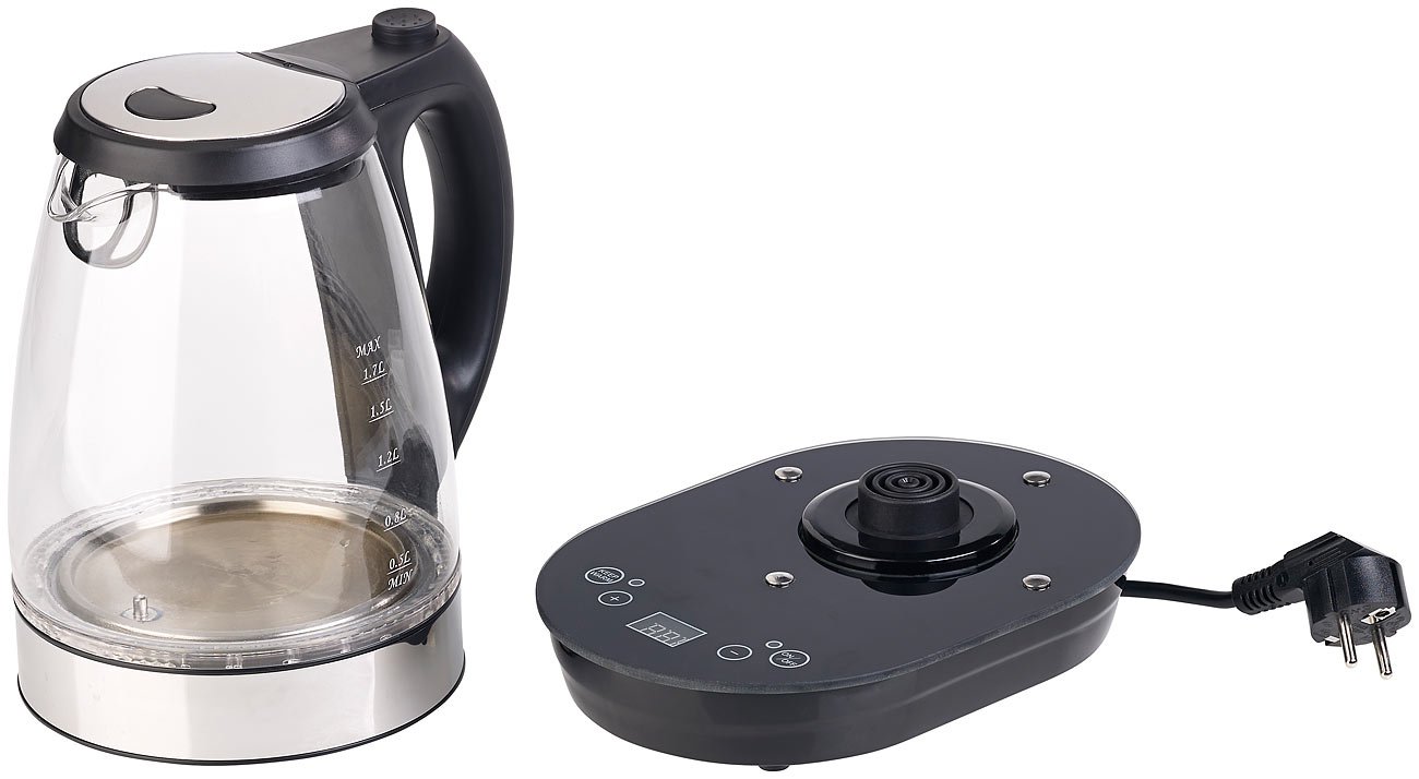 Rosenstein & Söhne bollitore in vetro: Digital Glass- Bollitore con selezione della temperatura, 20-100 °C, 2.200 Watt (con LED, indicatore di temperatura, cucina)