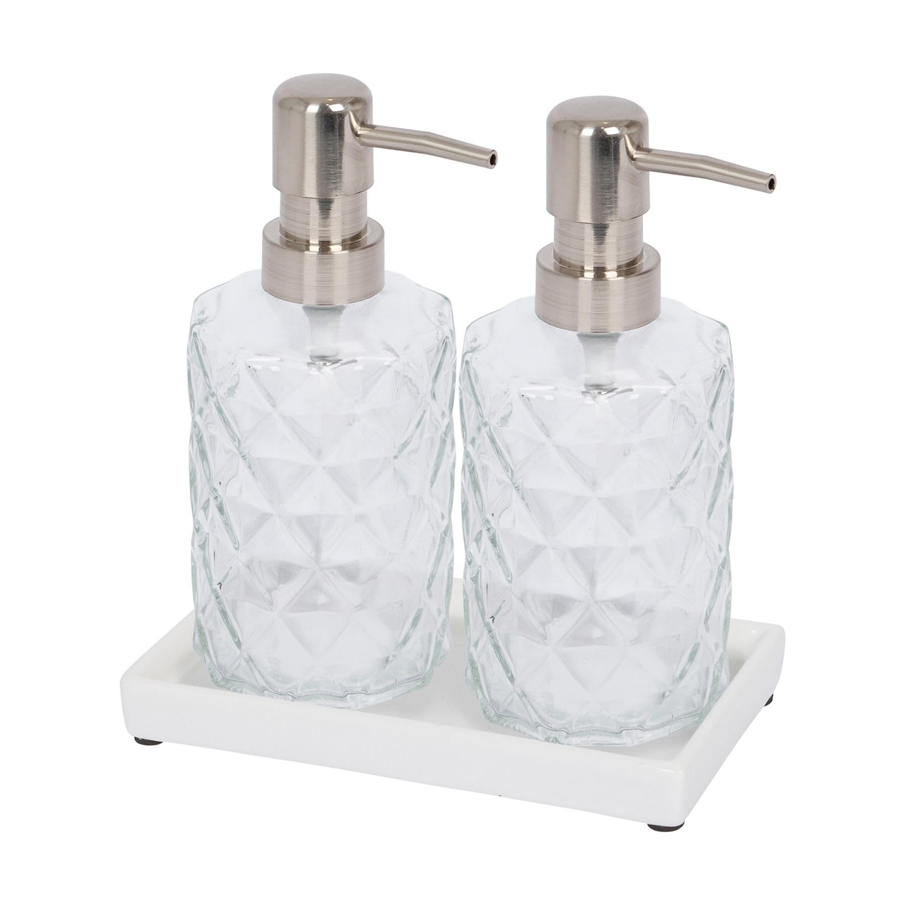 Harbour Housewares Transparent 2 Piece Prism Glass Soap Dispenser Set With Ceramic Tray - 330Ml Diamond-Cut Refillable Bottles With Chrome Pumps - Bathroom And Kitchen Accessories For Hand Wash Or Lotion