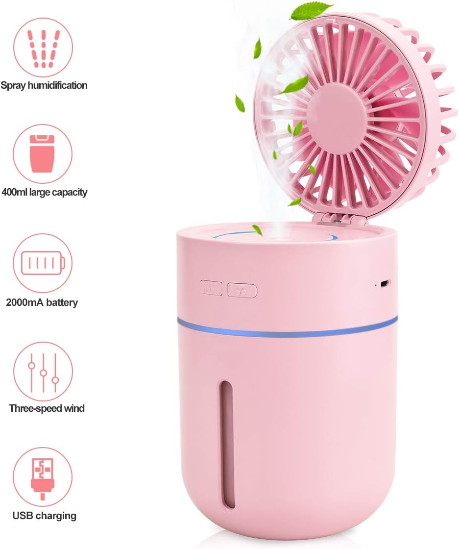 EVILTO Mini Humidifiers for Office Bedroom - Portable 2 in 1 USB Spray Humidifiers with Fan, 400ML Water Tank Lasts Up to 10 Hours, 2 Mist Modes with 7 Colors LED Lights for Kids,Home, Travel, Car.