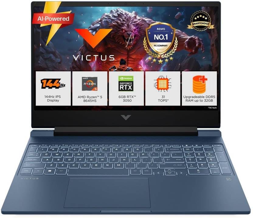 HP Victus, AMD Ryzen 5 8645HS, 6GB RTX 3050, 16GB DDR5, 512GB SSD, FHD, 144Hz, IPS, 300 nits, 15.6''/39.6cm, Win11, M365* Office24, Blue, 2.3kg, fb3011AX, Backlit Gaming Laptop