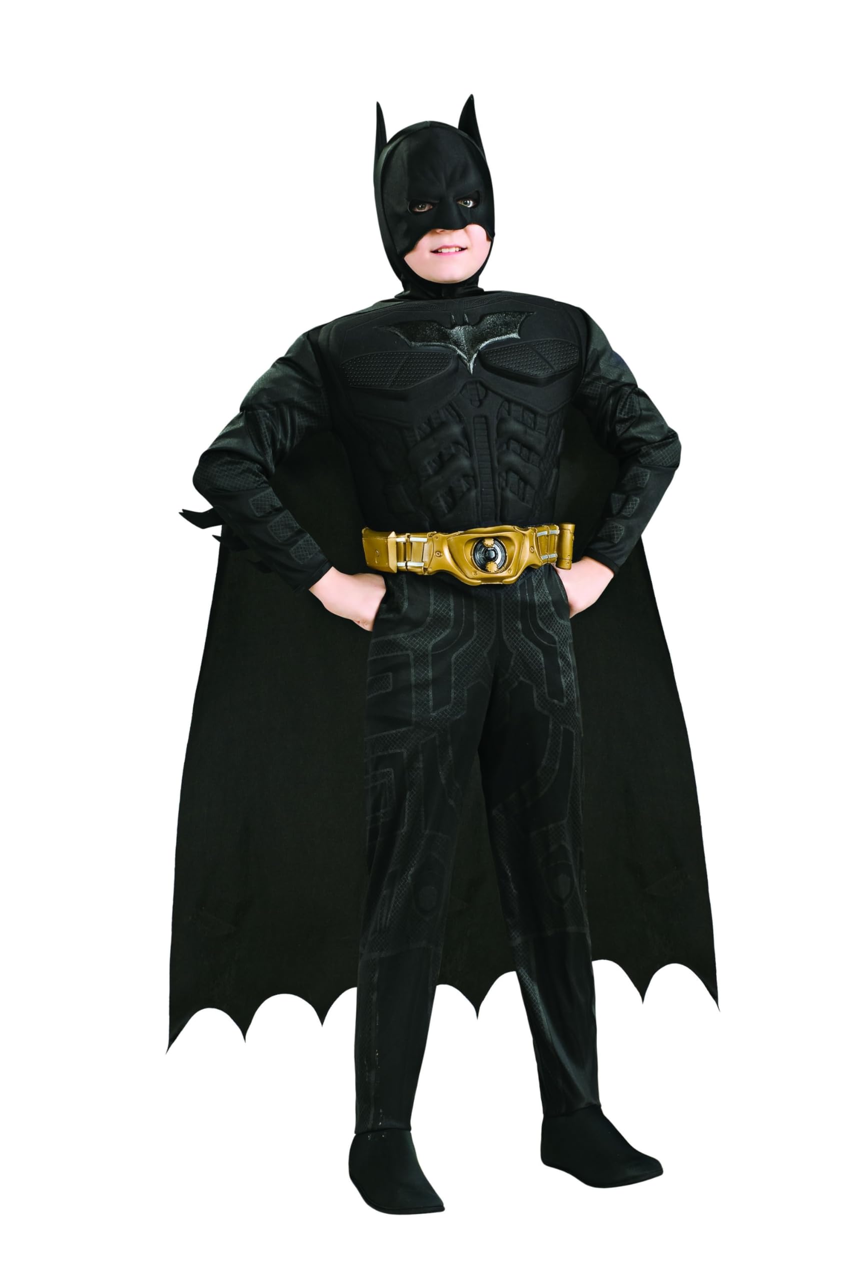 Rubies Offizielles Batman Begins Dark Knight Muskelkostüm für Kinder – Jumpsuit, Umhang, Gürtel & Maske enthalten