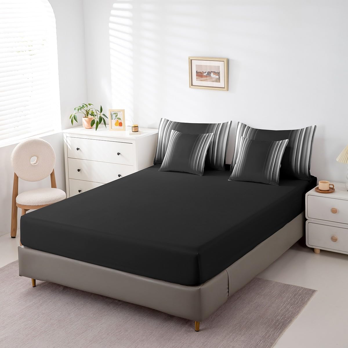 Feelyou Geometric Abstract Ombre 7 Piece Bedding Set Men Adults Teens Grey Gray and Black Striped Comforter Set with Sheets Kids Boys Girls Simple Modern Bed in a Bag Bedding Queen