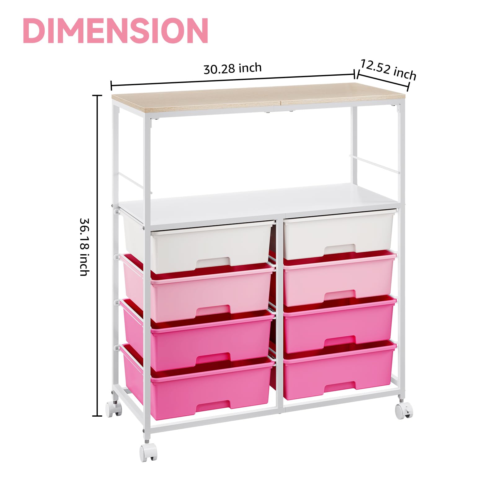 SYKIARIOL Carrello a rotelle con 8 cassetti, multiuso in metallo, per ufficio, cucina, bagno, soggiorno, ruote bloccabili, rosa