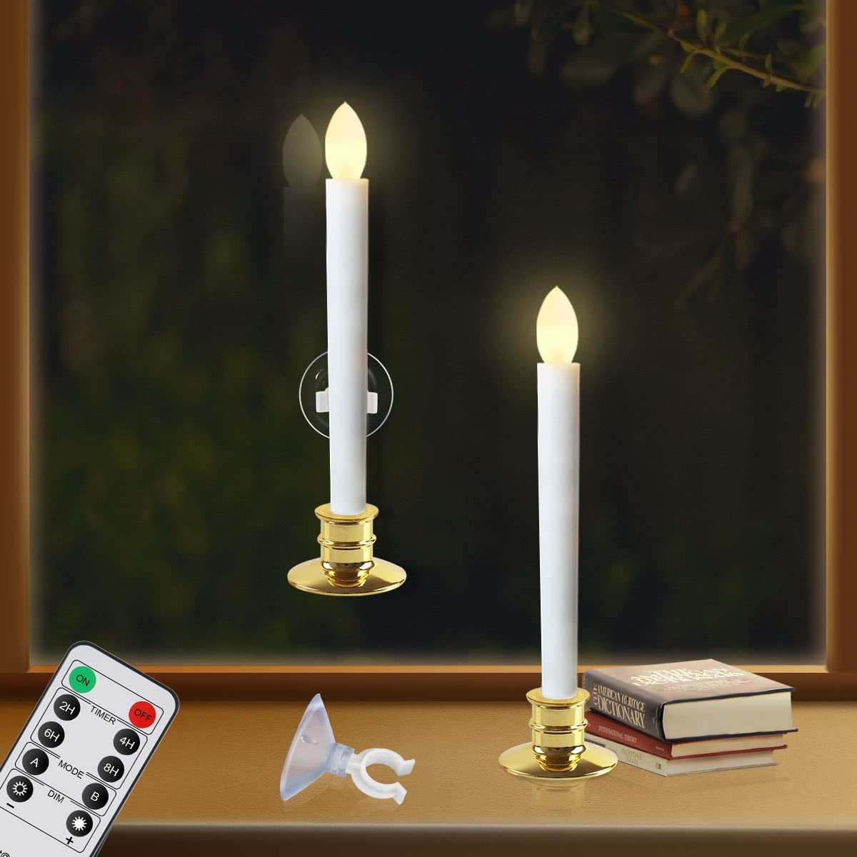 2 Pack Flameless Taper Candles with Remote/Timer &amp; Suction Cup, Battery Operated Flickering LED Window Candles, Vintage Christmas Electric Fake Candlesticks, Golden Holder