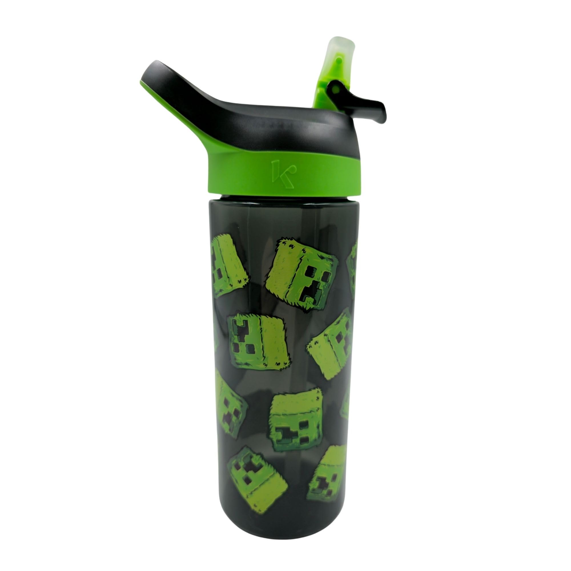 HOX Minecraft Creeper 600ml Water Bottle School Drinks Bottle + Removable straw, Leak Proof Durable Plastic - Gift for Minecraft Gamer - Official Merchandise, Black