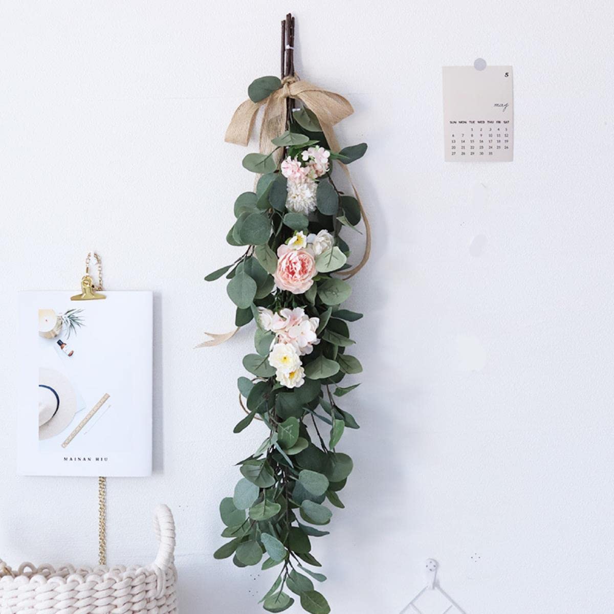 Artificiale verde eucalipto ghirlanda foglie vite foglia di seta finto rattan piante artificiali edera ghirlanda appeso a parete decorazioni di nozze-rosa chiaro