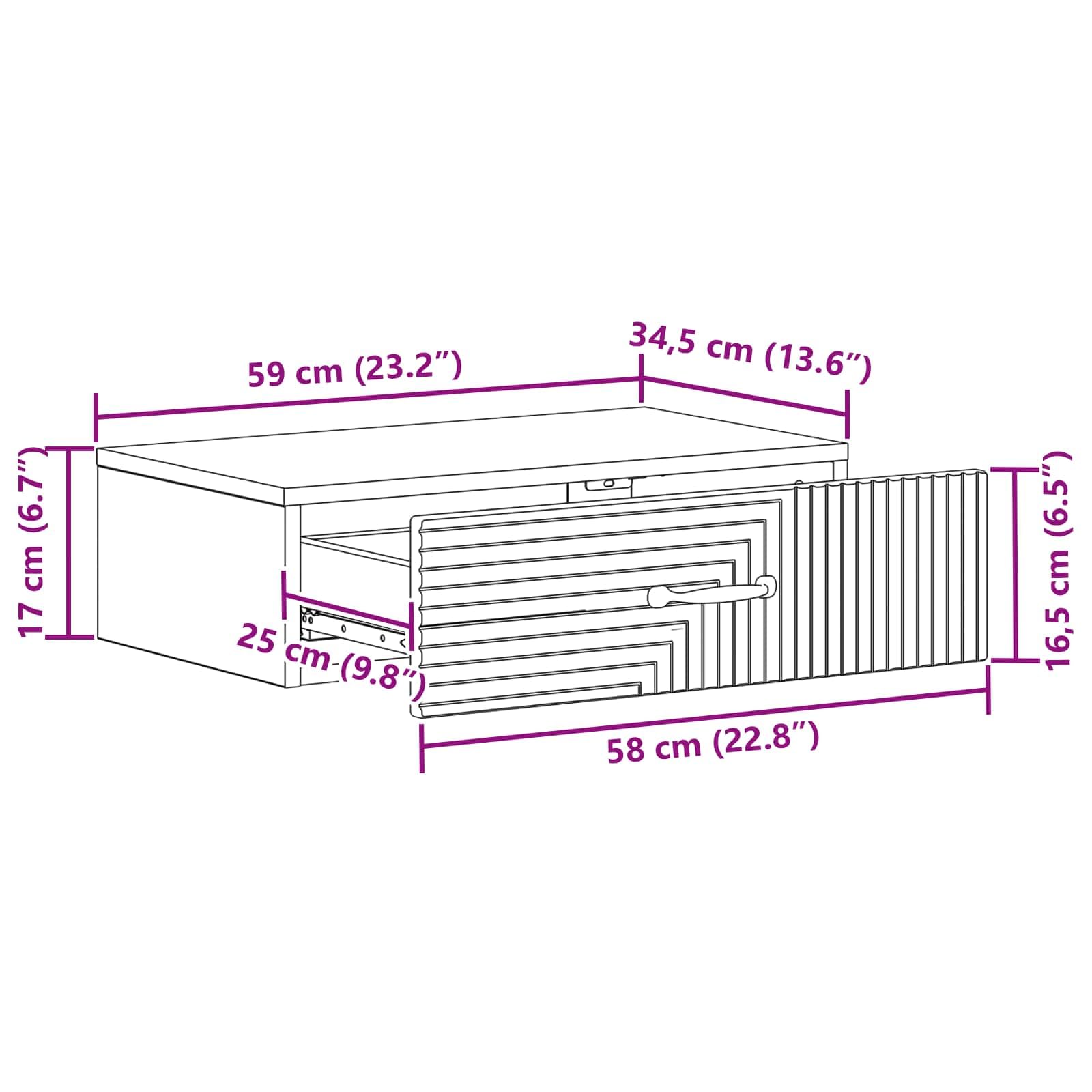 Tavolino da parete in legno nero, 59 x 34,5 x 17 cm, con cassetto, per soggiorno, corridoio, ufficio, versatile come ripiano e organizer
