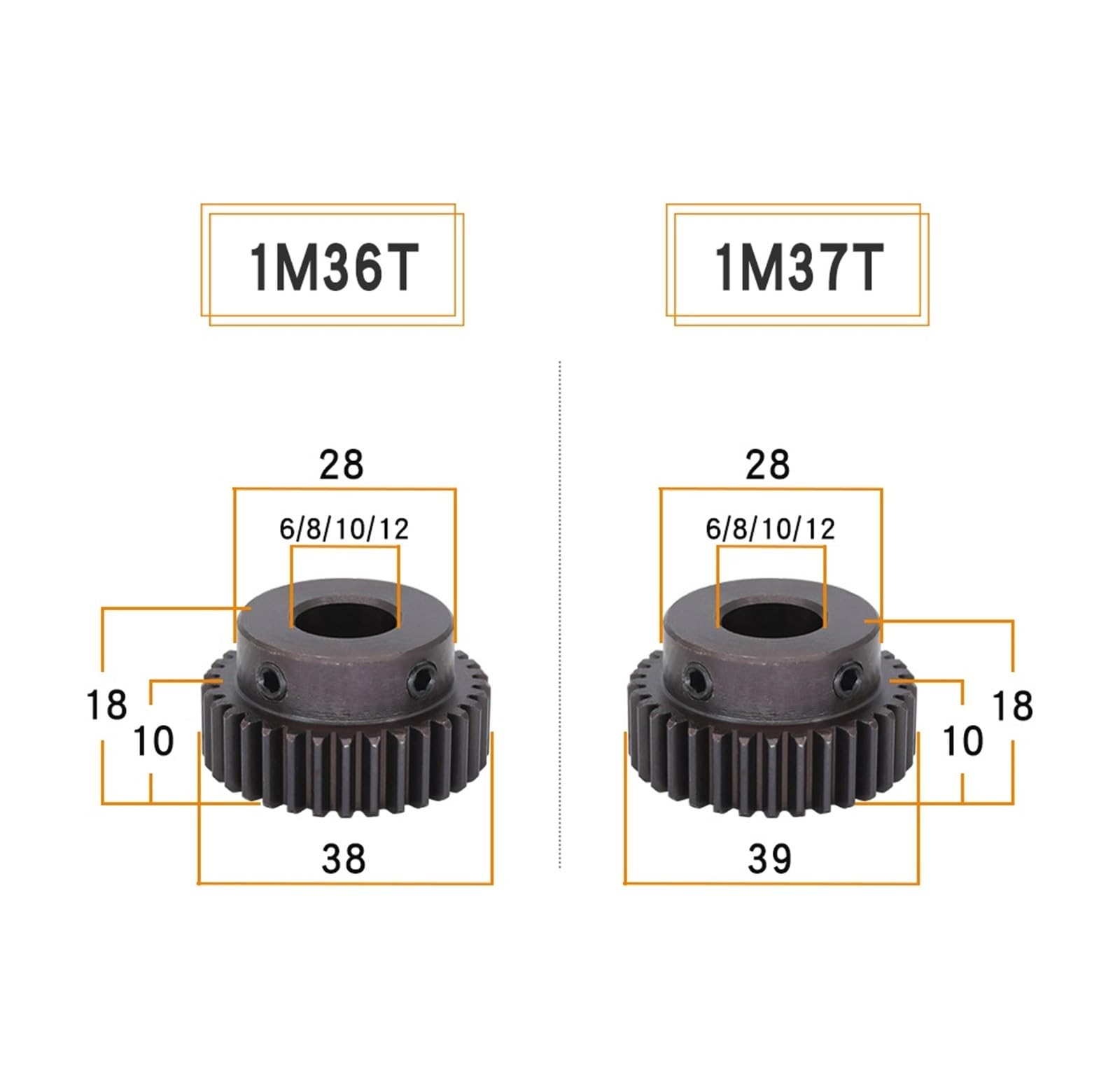 Bevel Gear Pinion Hardware Mechanical Module 1 Motor Gear 1M-36T/37Teeth Carbon Steel Blackening Spur Gear Bore Size 6/8/10/12mm(12mm-37 Teeth)