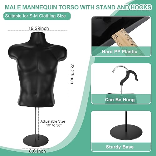 Miniatura 3 de Paquete de 10 maniquíes masculinos con soporte, forma de vestido de maniquí, camiseta de cuerpo de maniquí para mostrar la cintura, cuerpo trasero