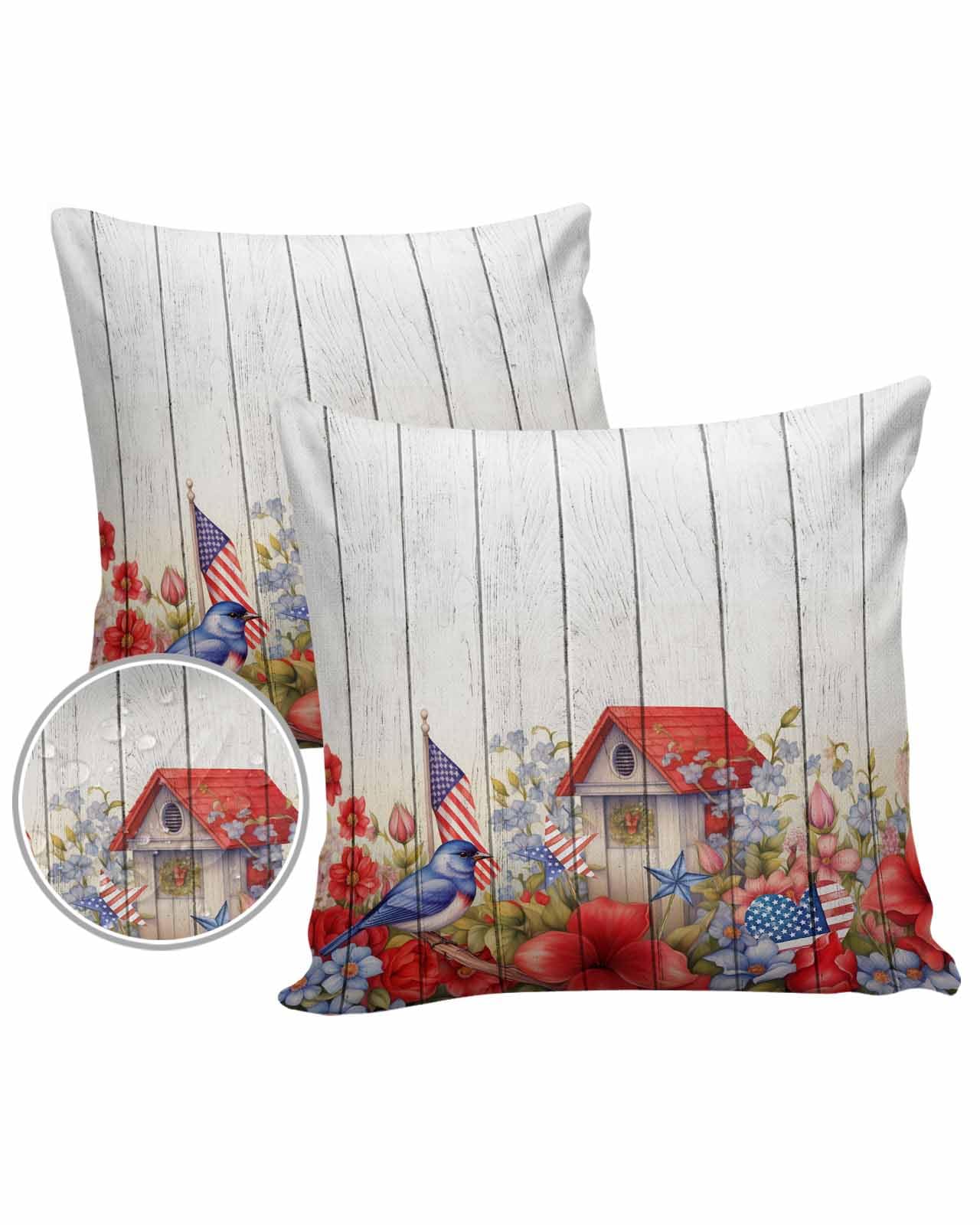Boanket Outdoor Pillow Covers 20 x 20 in, 4th of July Waterproof Throw Pillow Cover Set of 2, Farmhouse Birds Botanical Independence Day Home Decorative Square Cushion Covers for Patio/Couch/Garden