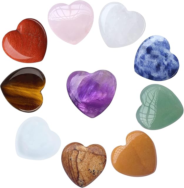 10 Pcs Chakra Stones Healing Crystals Set, Natural Heart Shaped Stones and Crystals Natural Heart Shaped Stones for Reiki Chakra Healing Reiki Meditation Balancing Yoga