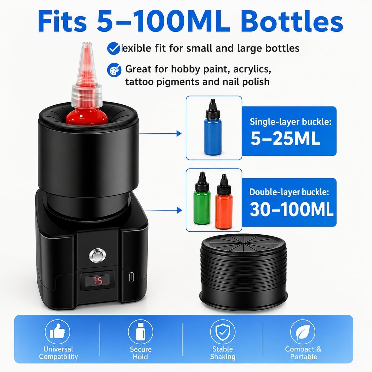 Mezclador de pintura eléctrico Vortex de 5 a 100 ml, pantalla digital, apagado automático en 1 minuto, esmalte de uñas, tinta de tatuaje, mezclador de pintura acrílica, equipo portátil de mezcla de