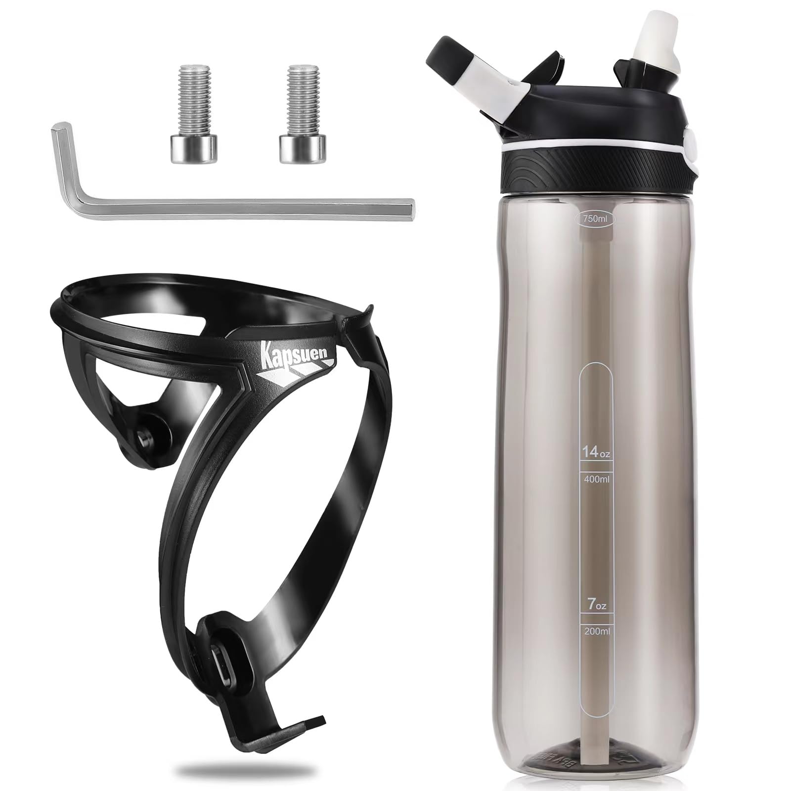 Kapsuen Flaschenhalter Fahrrad Set, Getränkehalter Fahrrad mit 610ml 700ml 750ml Wasserflasche, Schrauben, Leicht Stark Trinkflaschenhalter für MTB, Rennrad (Schwarz, 750ml-Transparent schwarz)