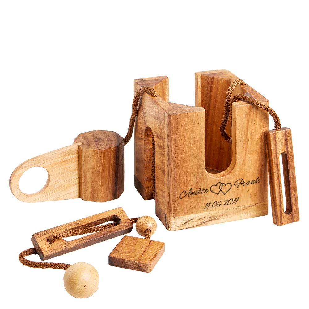Casa Vivente Set avec Casse-tête Puzzle Bouteille en Bois Foncé et 2 Verres à Vin, Gravure Personnalisée, Cœurs, 2 Prénoms et 1 Date, Volume 500 ML