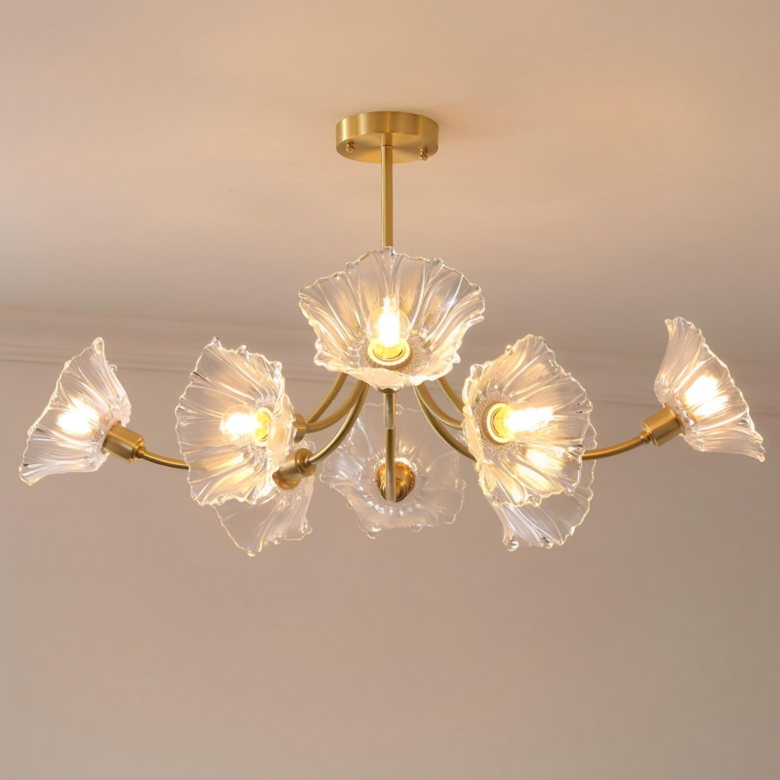 Pilanp Creative Gold Pendant Lamp Light Luxury Copper Chandeliers with Flower Glass Shade Pendant Lighting for Living Room Dining Room Bedroom Study Kitchen Ceiling Light Fixtures