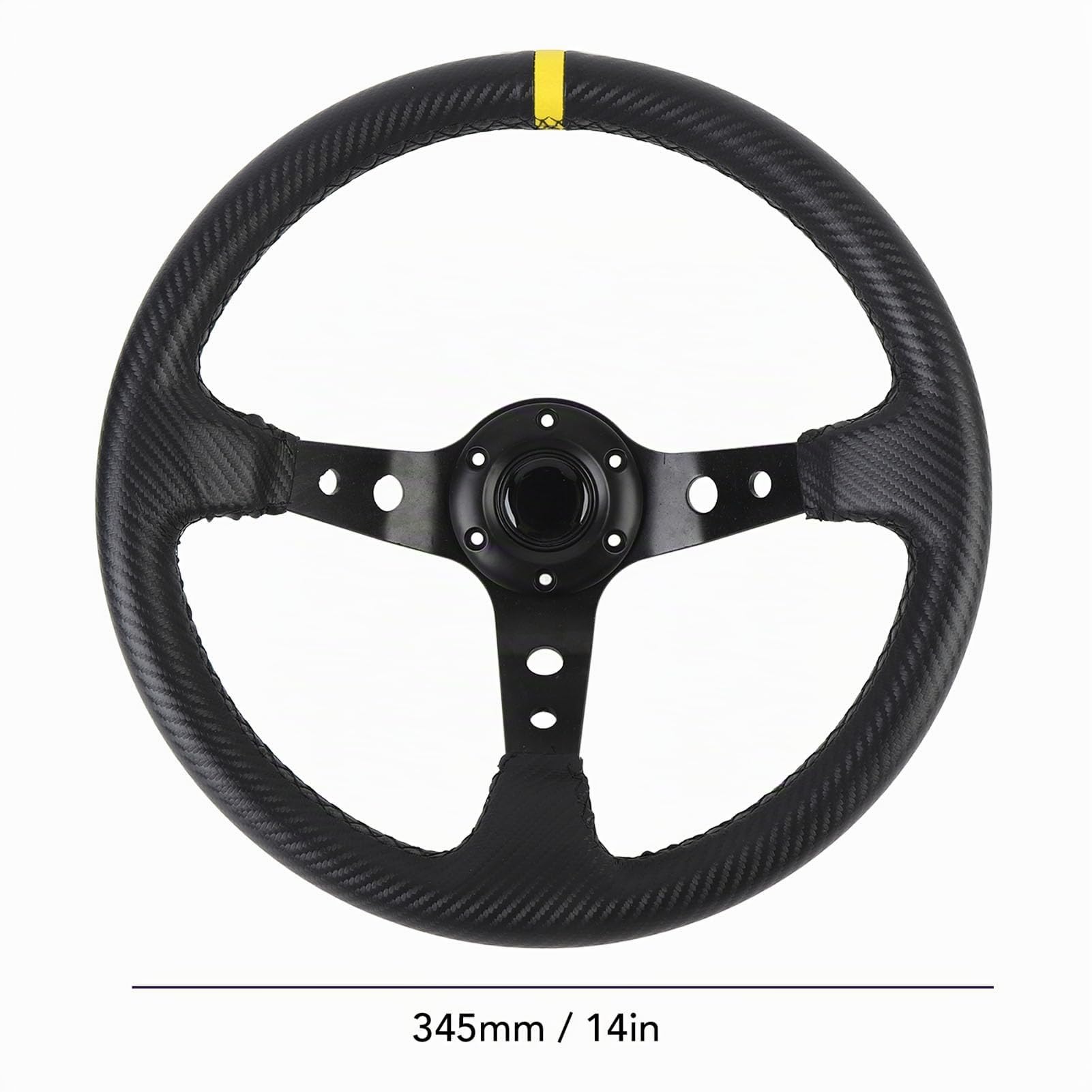 Volante da da 14 pollici, volante sportivo universale a profilo profondo con pulsante per clacson, telaio in alluminio con aspetto in fibra di carbonio rivestito in pelle PU (Gialla)