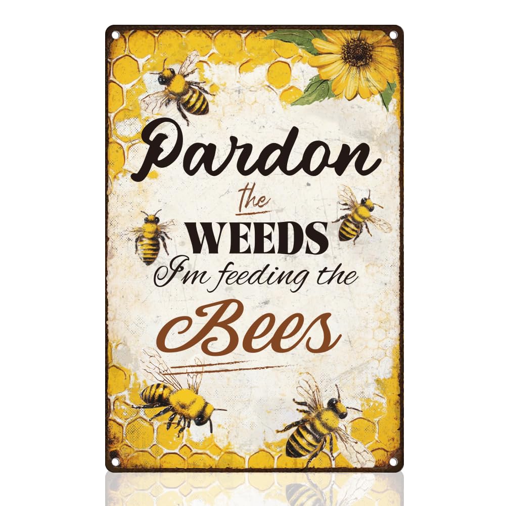DOODLREAM Garden Yard Bee Tin Sign, Vintage Metal Wall Decor
