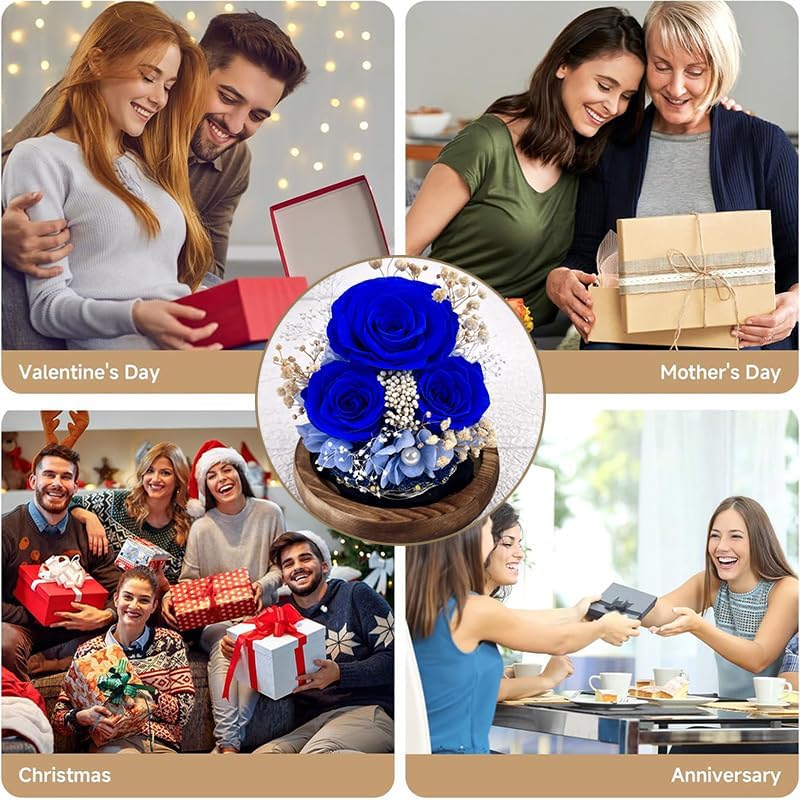 Preserved Royal Blue Rose Arrangement in Glass Dome, LED Light Base, 3 Roses with Blue Hydrangea, 4.7 inch Diameter - Image 4