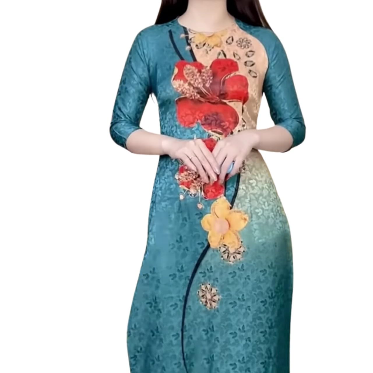 HOADINH5953Vietnamese Traditional Ao Dai, Round Neck, 5D Printed, Soft and Comfortable Thai Tuan Brocade Material (S, Blue)