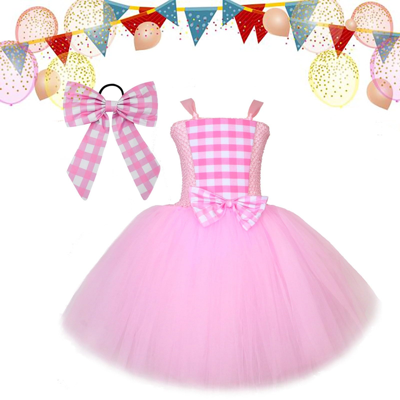 Prinzessin Kostüm Mädchen Partykleid Elegantes Rosa Karo Trägerkleid Mit Haarschmuck Für Mädchen Perfekt Für Den Festlichen Auftritt Und Die Märchenhafte Faschingsfeier Geeignet Kleine B