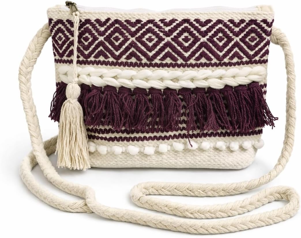 Bohemian Sling Bag for Women | Handwoven Fabric Crossbody Purse with Tassels | Ethnic Casual Shoulder Bag for Travel, Daily Use & Gifting
