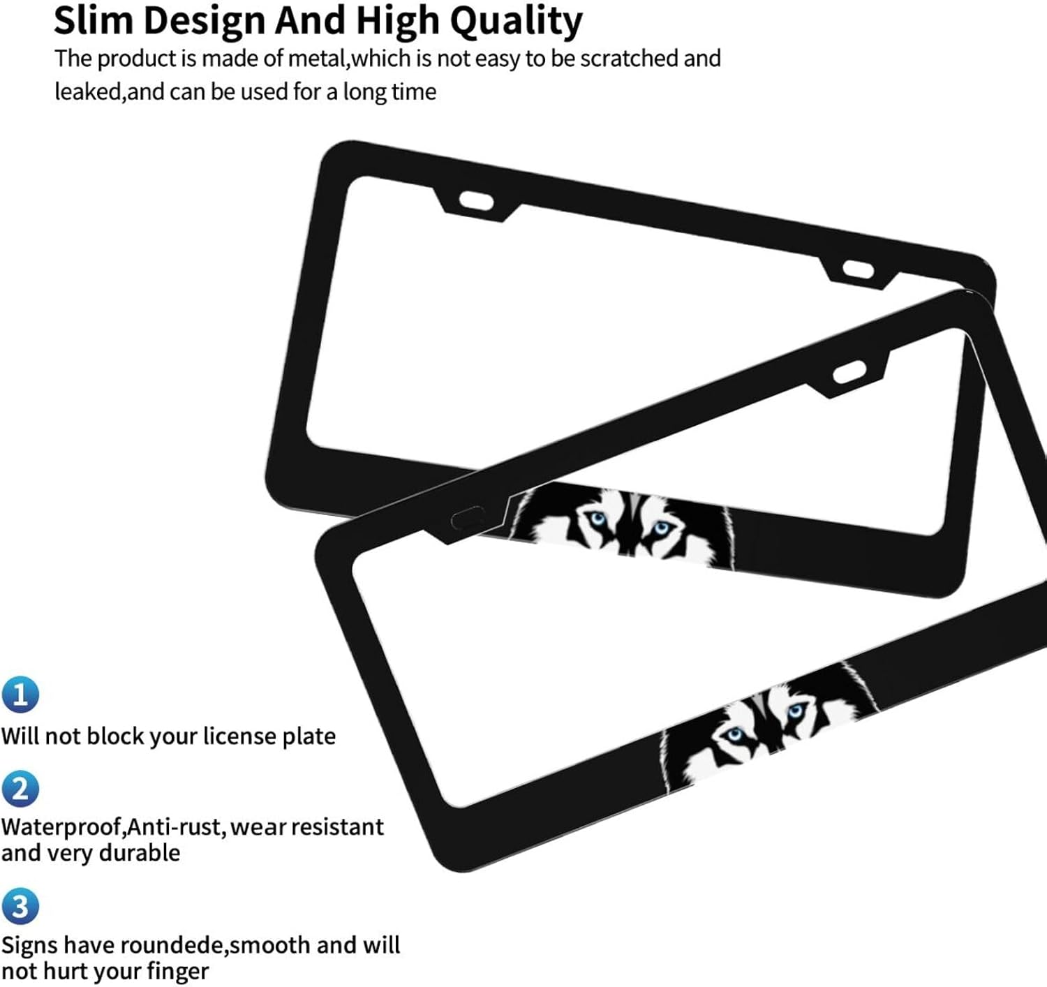Siberian Husky Dog Matte Aluminum License Plate Frame with Black Screw Caps，2pcs 2 Holes Black Licenses Plates Frames,Car Licenses Plate Covers Holders for Us Vehicles/Women/Men
