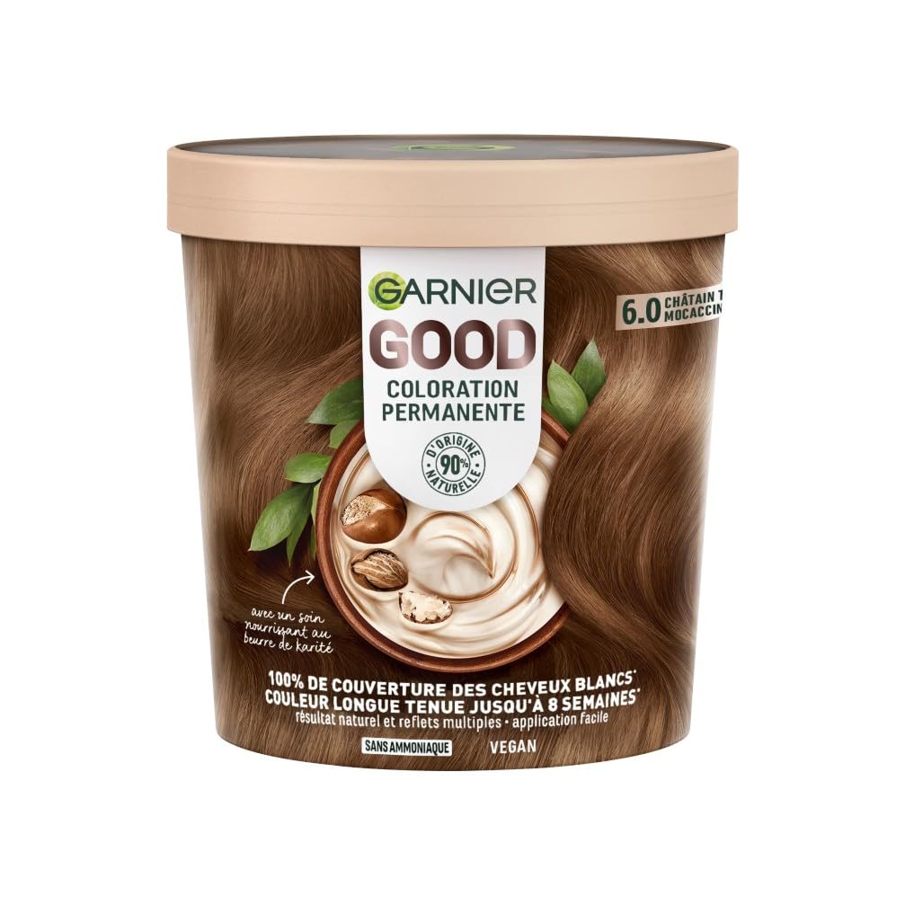Garnier - Coloration Permanente - Sans Ammoniaque - 90% d'Ingrédients d'Origine Naturelle - Formule Vegan - Beurre de Karité - 100% Couverture Cheveux Blancs - Châtain Très Clair Mocaccino (6.0)- Good