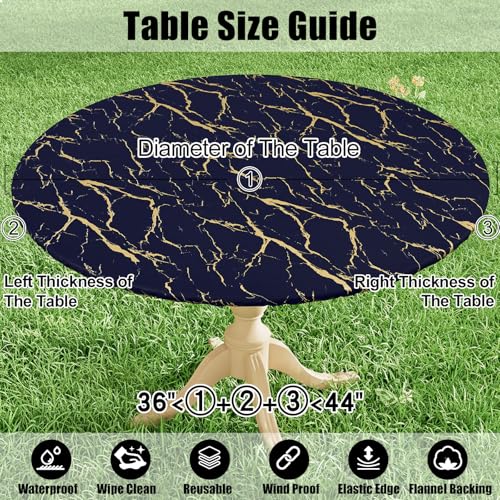 Smiry Round Picnic Tablecloth, Waterproof Elastic Fitted Table Covers for 36" - 44" Tables, Wipeable Flannel Backed Vinyl Tablecloths for Camping, Indoor, Outdoor, Navy & Gold by Smiry - Used condition - Image 7