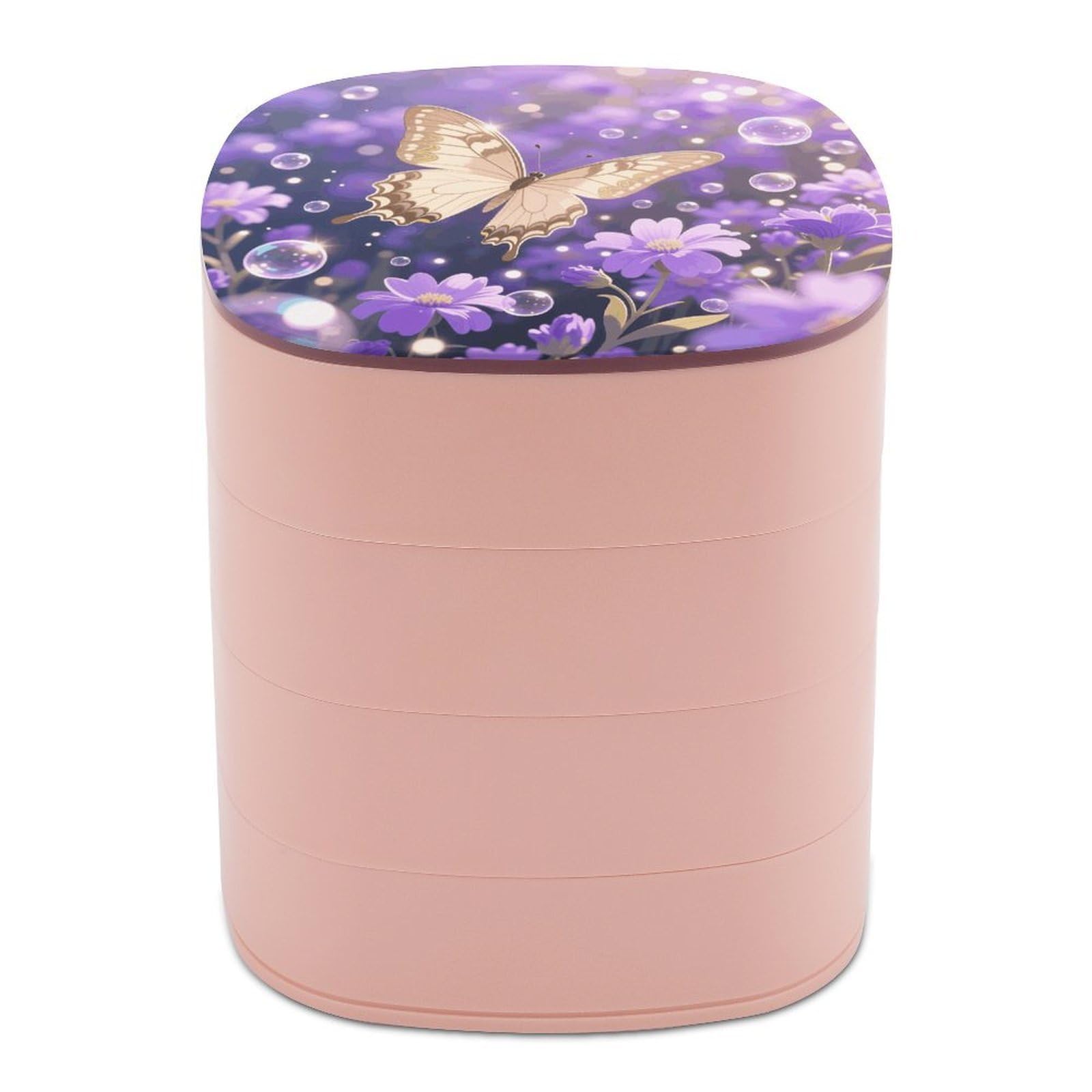VstaDank BeigeKhaki Butterfly Jewelry Box 360° Rotatable Jewelry Organizer 4 Layers Jewelry Case with Lid Fashion Portable Earring Holder for Bracelets Rings Bracelets Vanity
