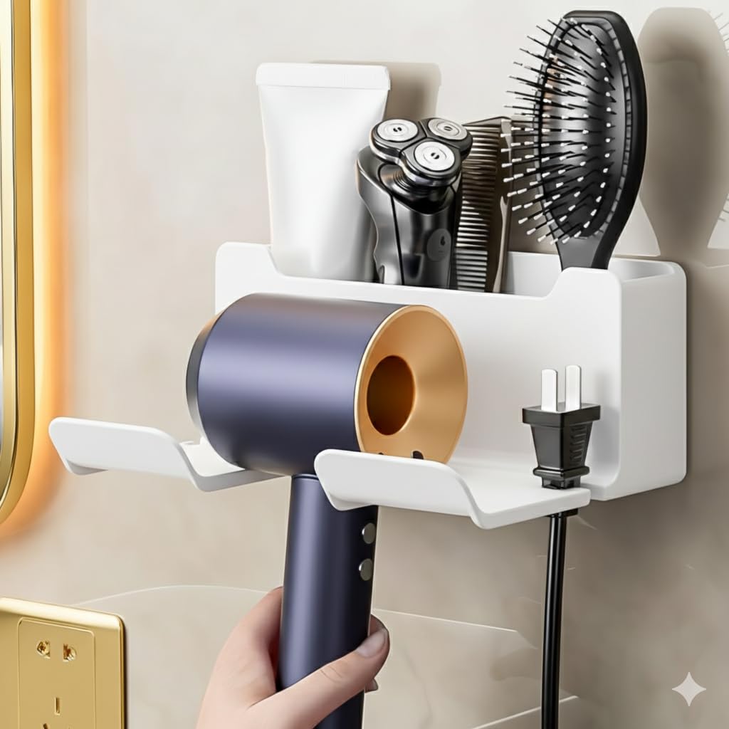 Cisily Hair Dryer Holder Wall Mount with Storage | Heat Resistant Bathroom Organizer for Blow Dryer, Hair Brush, Trimmer & Grooming Tools | No Drill Stand (White) - Image 5 thumbnail