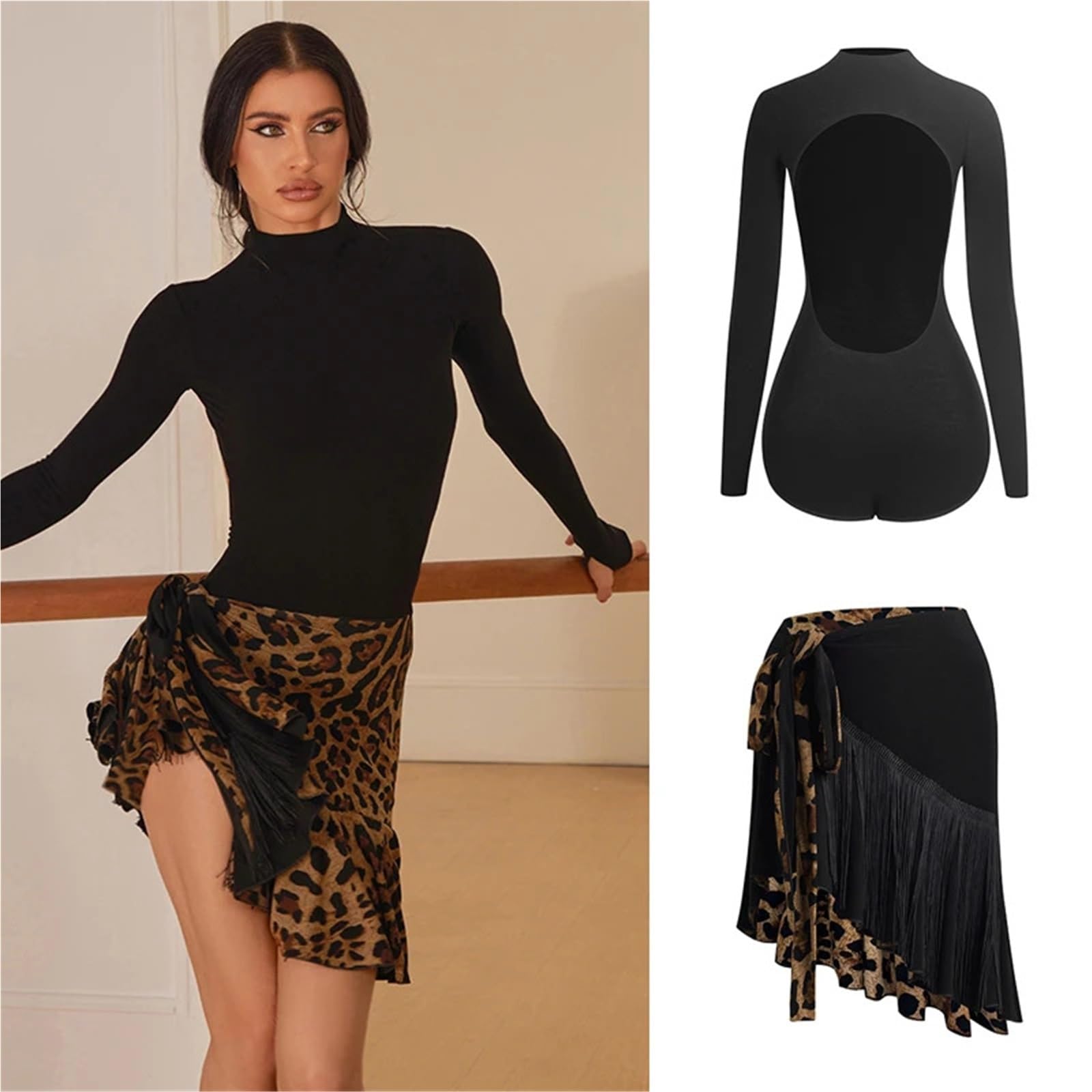 Latin-Tanzkleid mit Fransen Latin Dance Kleid for Frauen rückenfreies Top Leopard Quaste Rock Set Erwachsene Cha Kleidung für Aufführung