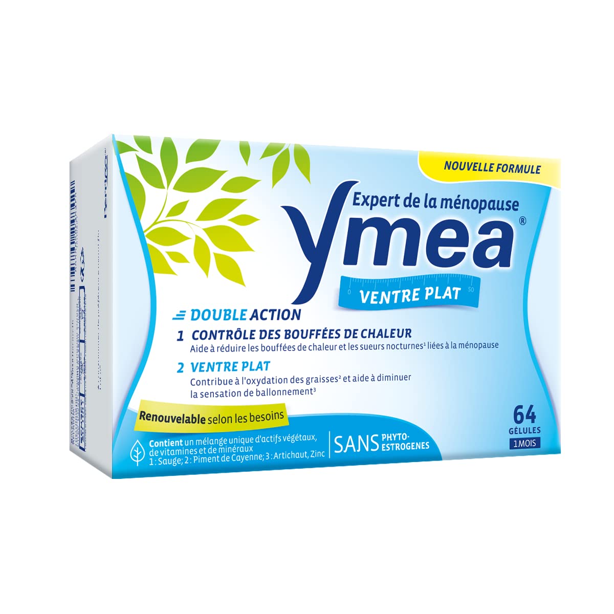 Ymea Ventre Plat - Complément Alimentaire ménopause(1) - actifs végétaux, vitamines et minéraux - contrôle des bouffées de chaleur (1) et ventre plat(2,3) - 64 gélules - 1 mois