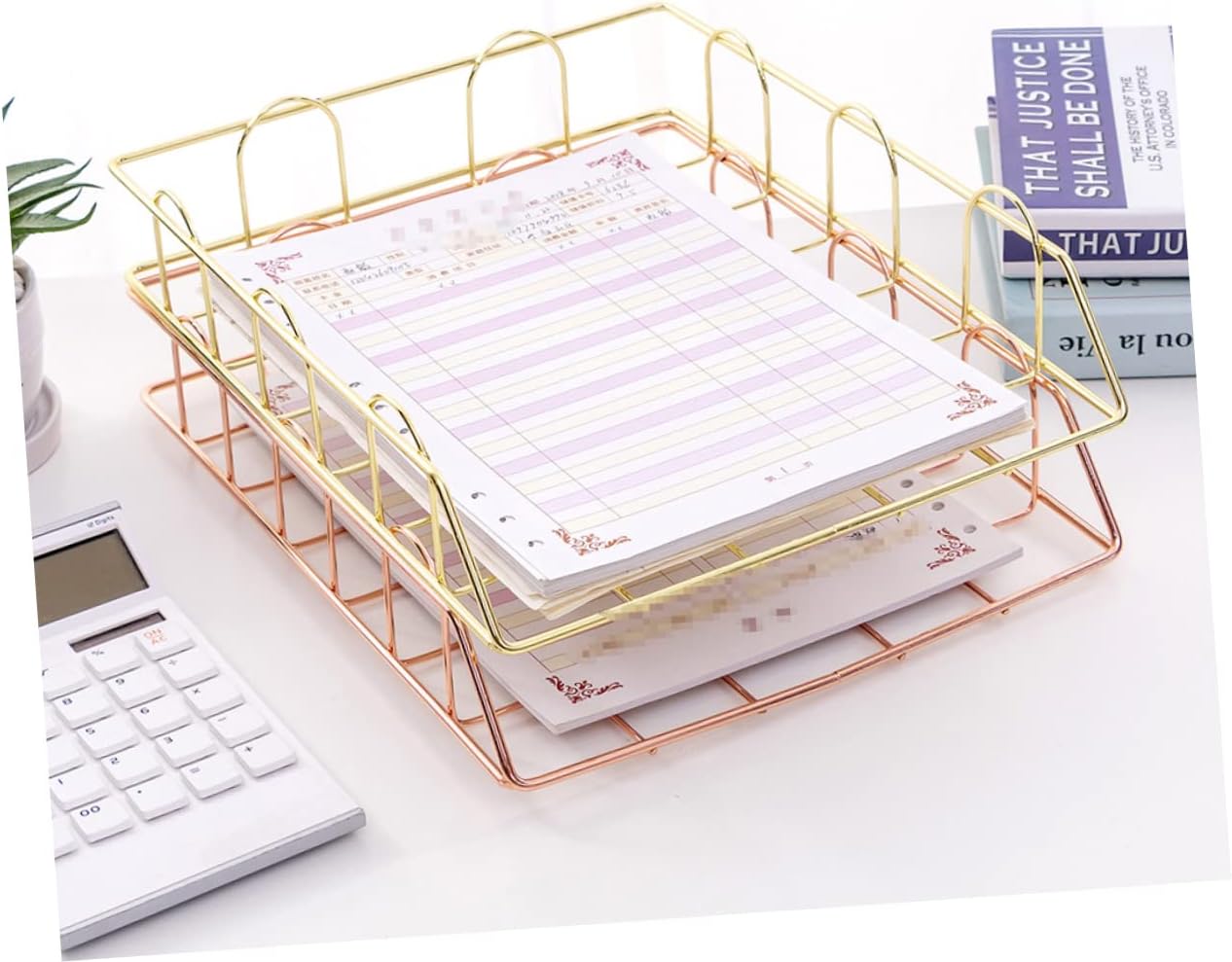2pcs Metal File Storage Basket Stackable Document Rack for Office Supplies Gold