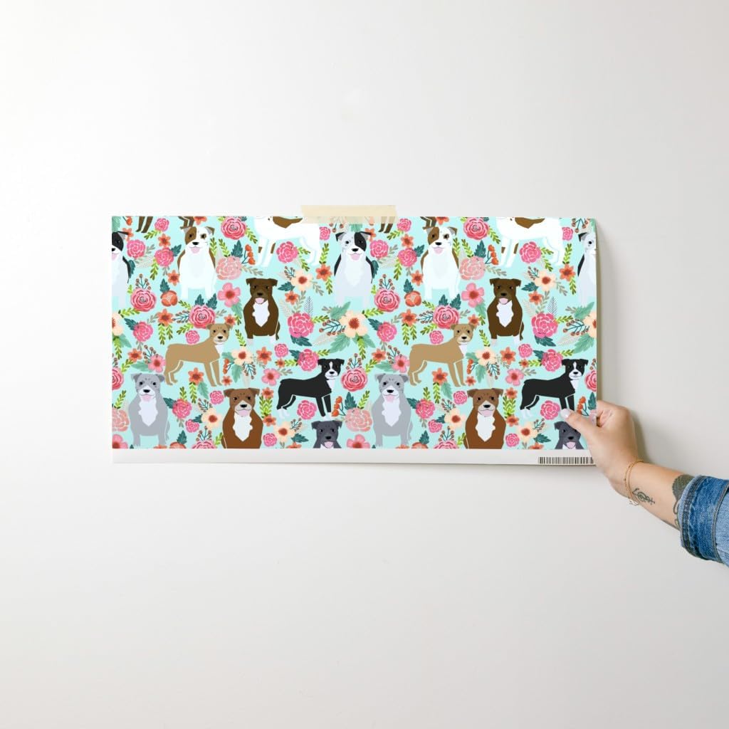 Peel & Stick Wallpaper Swatch - Floral, Pitbull Terriers, Cute, Dogs, Dog, Sweet, Animals, Florals, Mint Green, Rescue, Puppy Custom Removable Wallpaper by Spoonflower