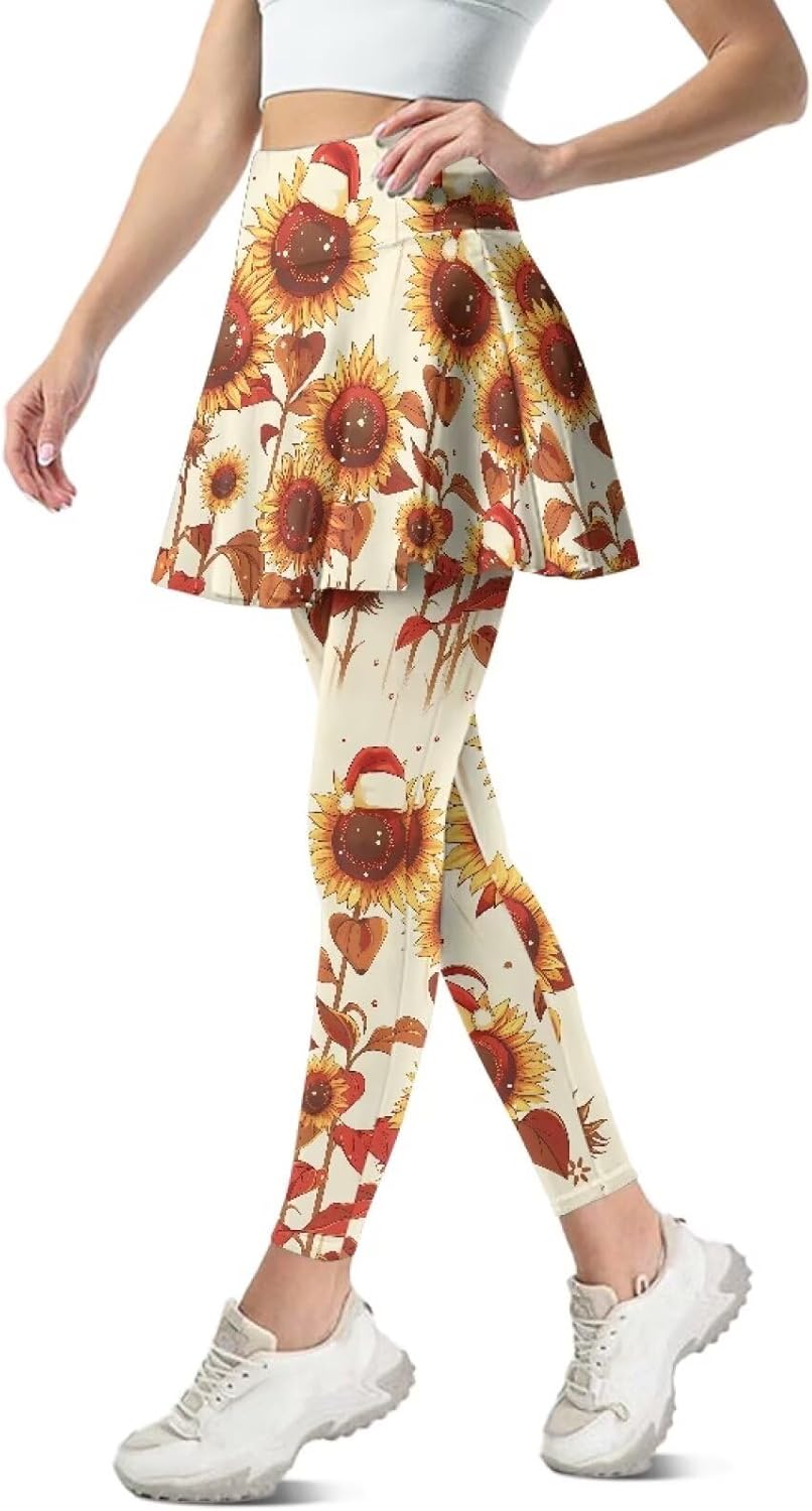 Irisjudy Women's Tennis Skirted Leggings Xmas Corgi Dog Gym Yoga Pants Leggings with Skirts Fall Maple Leaf Workout Trousers