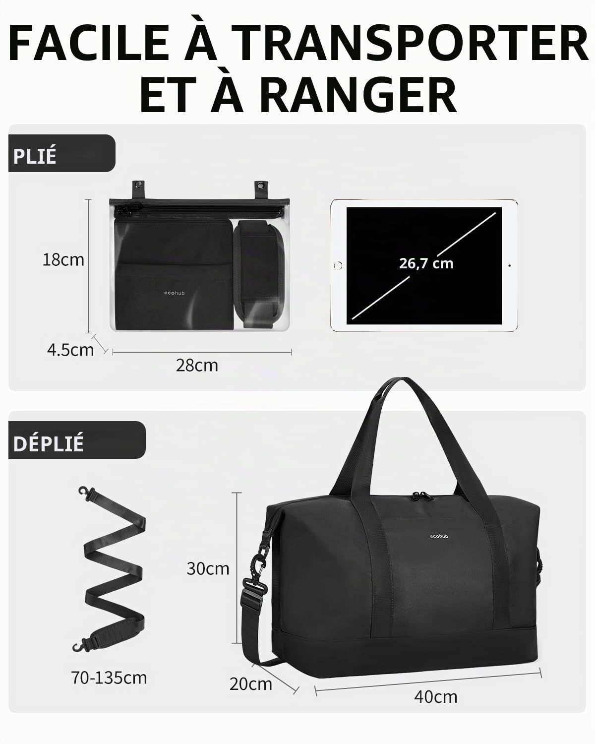 ECOHUB Sac de Voyage 40x30x20 Ryanair, Pliable Bagage Cabine, Léger Sac à Main, Weekend avec Pochette Humide Amovible pour Homme Femme, Sac Cabine Avion Imperméable Bagage a Main 20L (Noir)