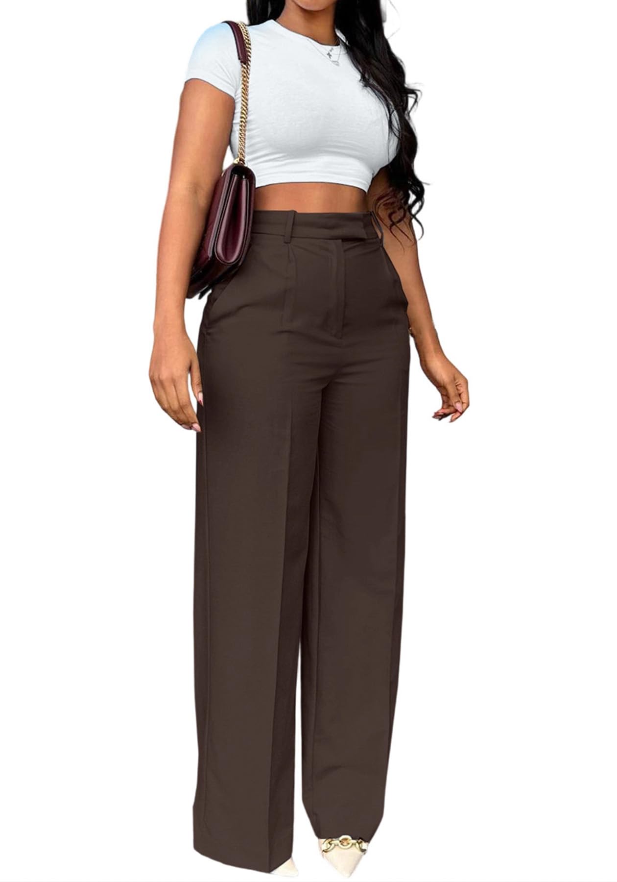 LKOUS Womens High Waisted Straight Wide Leg Dress Pants Stretchy Work Trousers with Pockets Business Casual