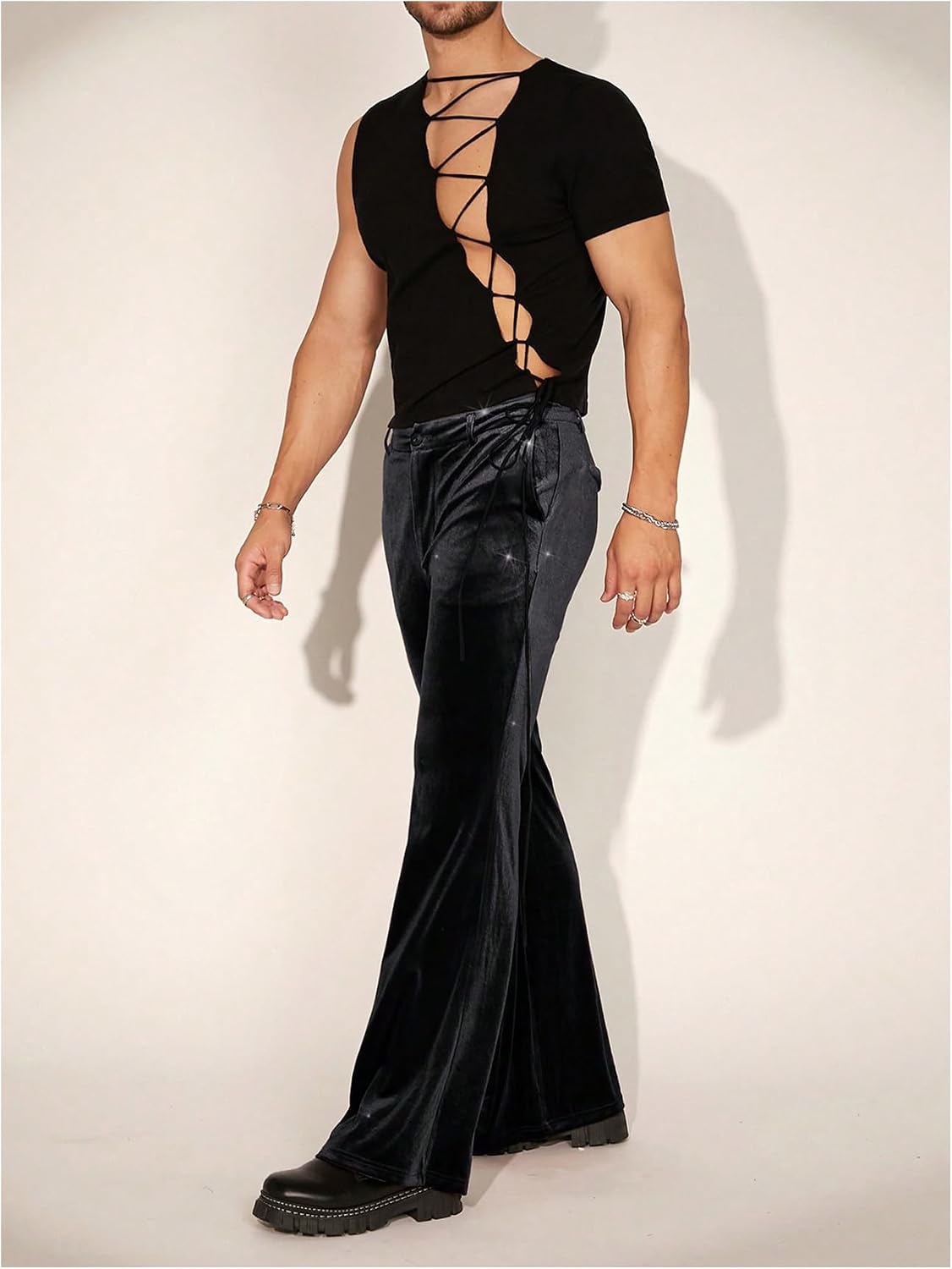 SHENHE Men's Velvet Bell Bottom Pants 70s Disco Costume Outfits Retro Flare Pants