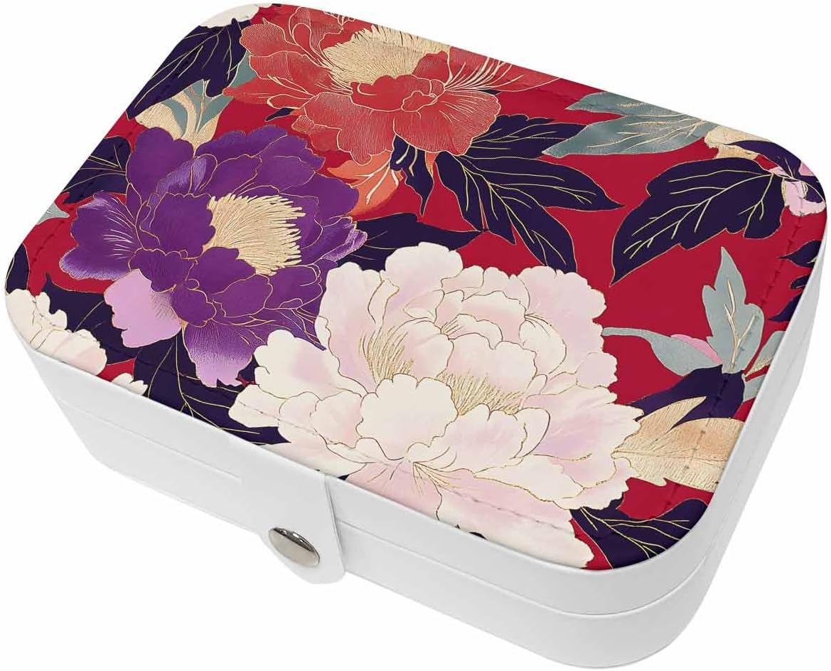 Travel Jewelry Case, Pink Red Flowers Watercolor Gold Leaves PU Leather Organizer Box Portable Small Storage Decorative Case for Ring Necklace Earring Gift for Girl Women