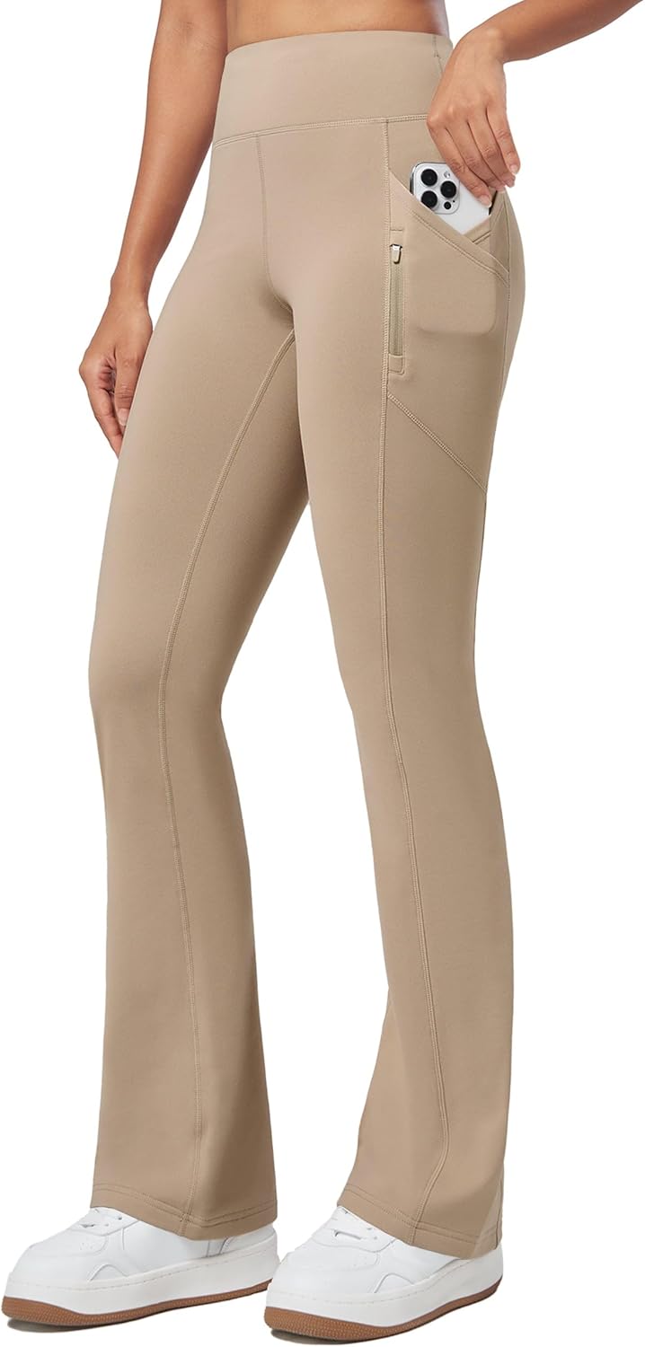 Willit Women's Fleece Lined Pants Thermal Leggings Winter Bootcut Yoga Pants Zipper Pockets Flare High Waist Water Resistant